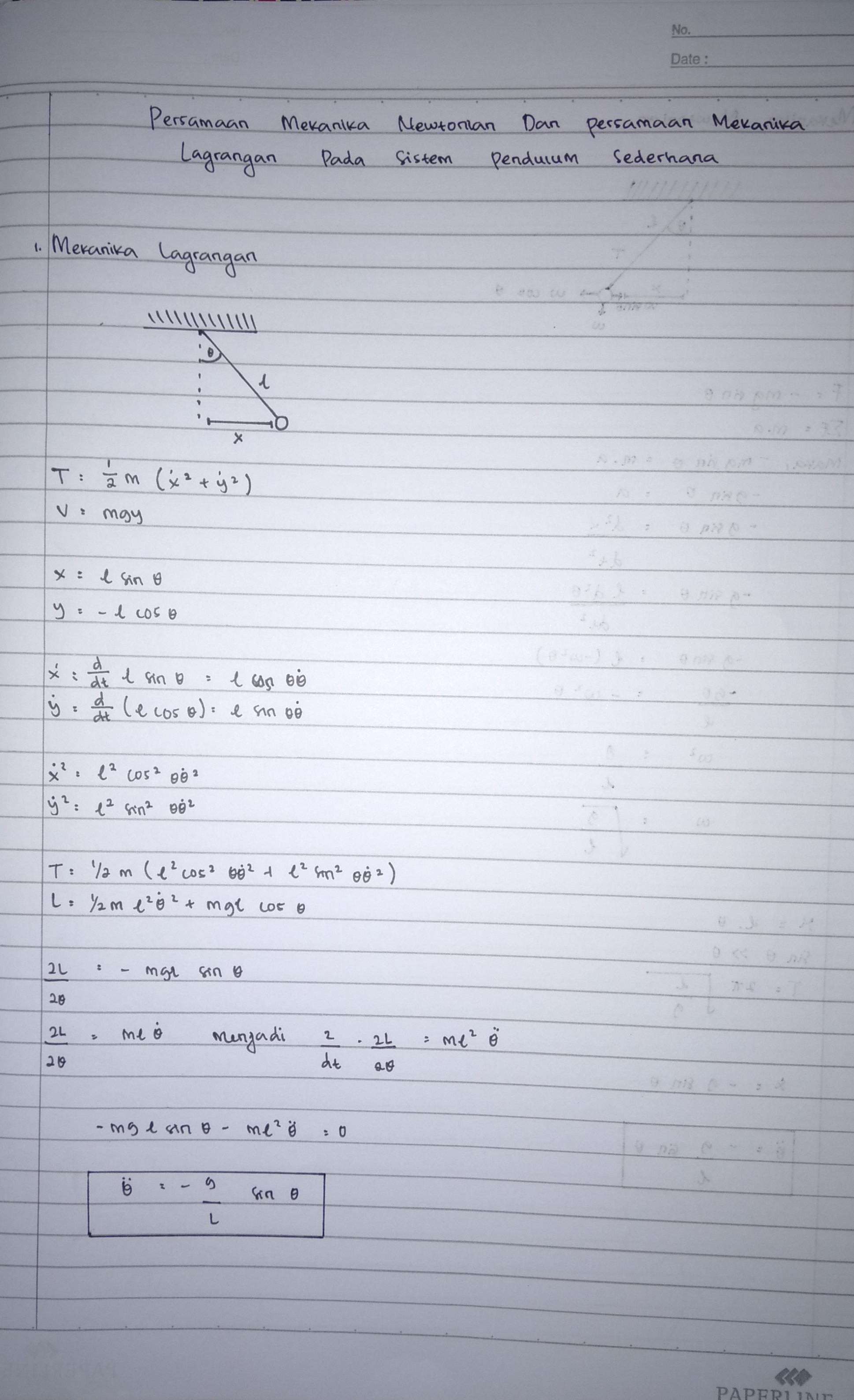 Persamaan mekanika lagrangian pada pendulum sederhana