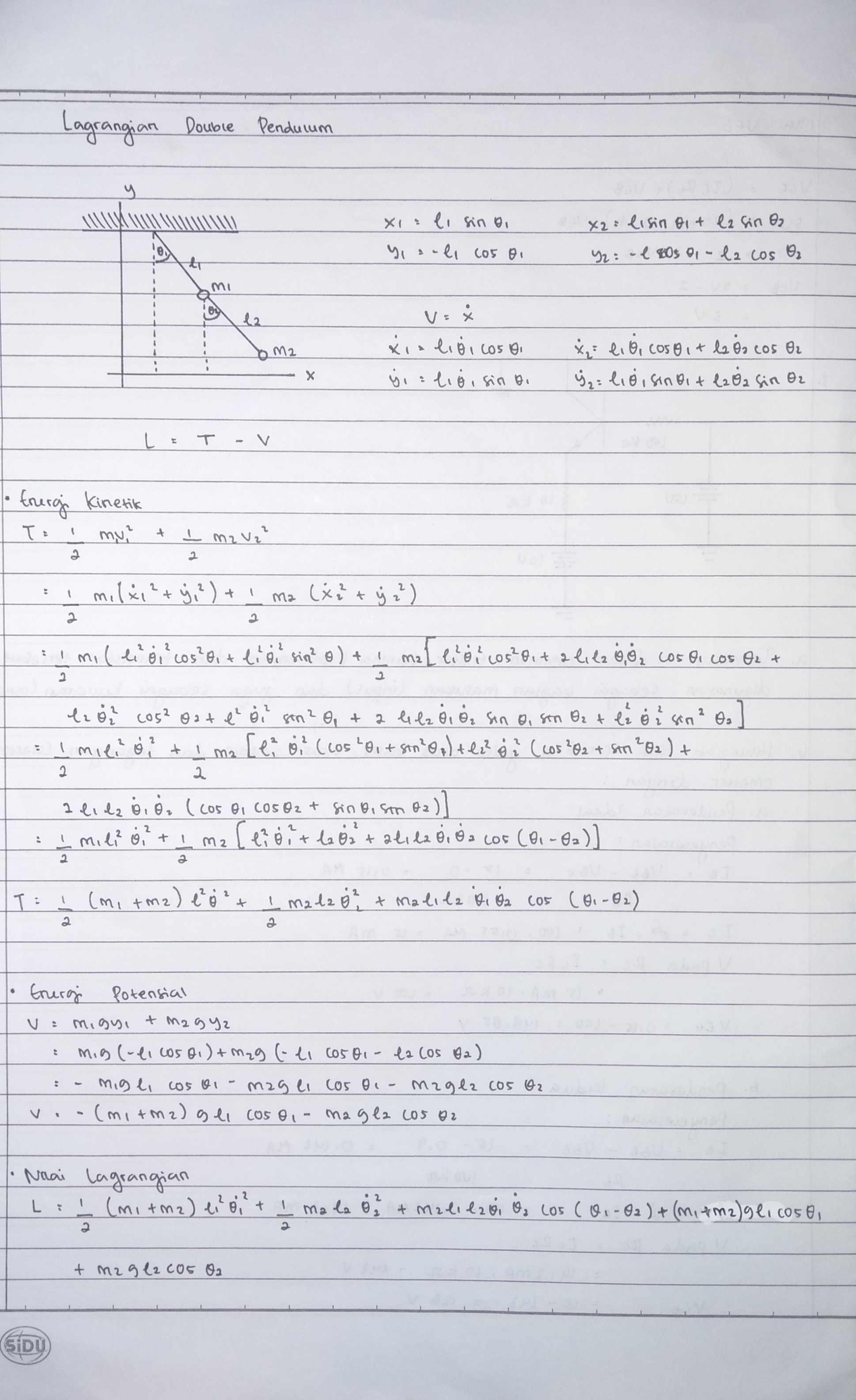 Persamaan double pendulum dengan metode lagrangian