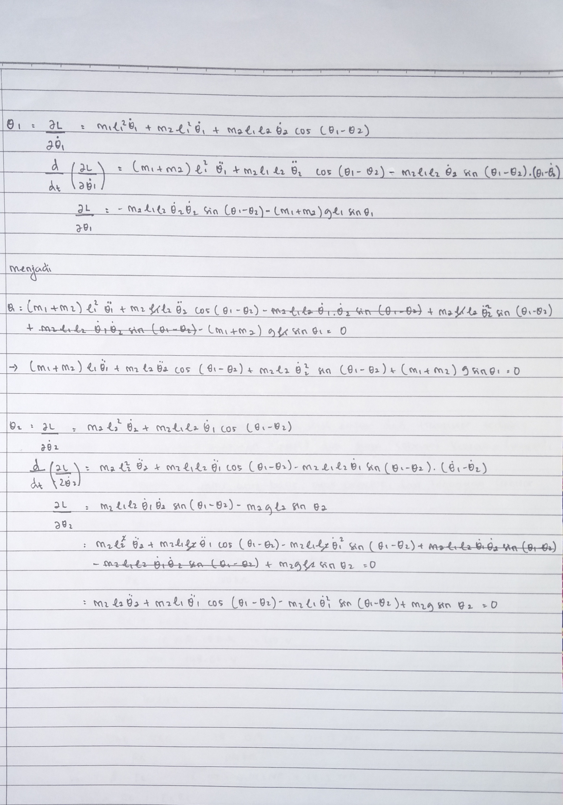 Persamaan double pendulum dengan metode lagrangian